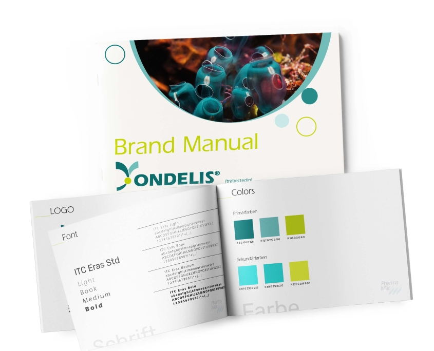 Darstellung des Brand Manuals von Xondelis einem rezeptpflichtigen Arzneimittel von PharmaMar
