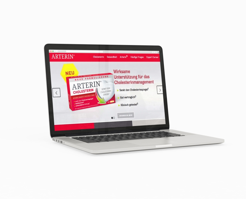Laptop mit Darstellung der Arterin Website zum Produktlaunch von Arterin Cholesterin